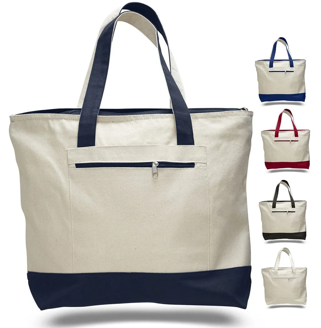 12 ct Heavy Canvas Zippered Shopping Tote Bags - By Dozen