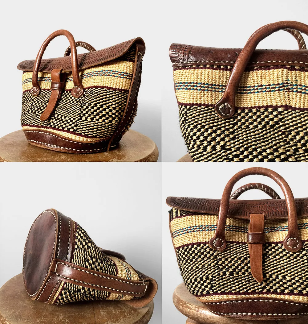 1970s Top Handle Boho Tooled Leather Woven Crossbody Basket Bag Purse