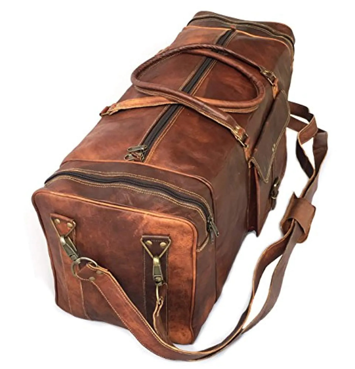 30" Inch Real Goat Vintage Leather Large Handmade Travel Luggage Bags in Square Big Large Brown bag Carry On (28 inch)