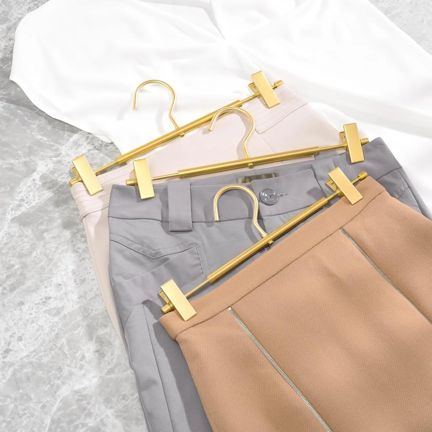 Amber Home 10 Pack Premium Matte Gold Aluminum Pants Hangers, 12.2” Extra Smooth & Durable Metal Skirt Slack Hanger, Light & Sturdy Metal Rack for Trouser with 2-Adjustable Non Slip Clips Swivel Hook