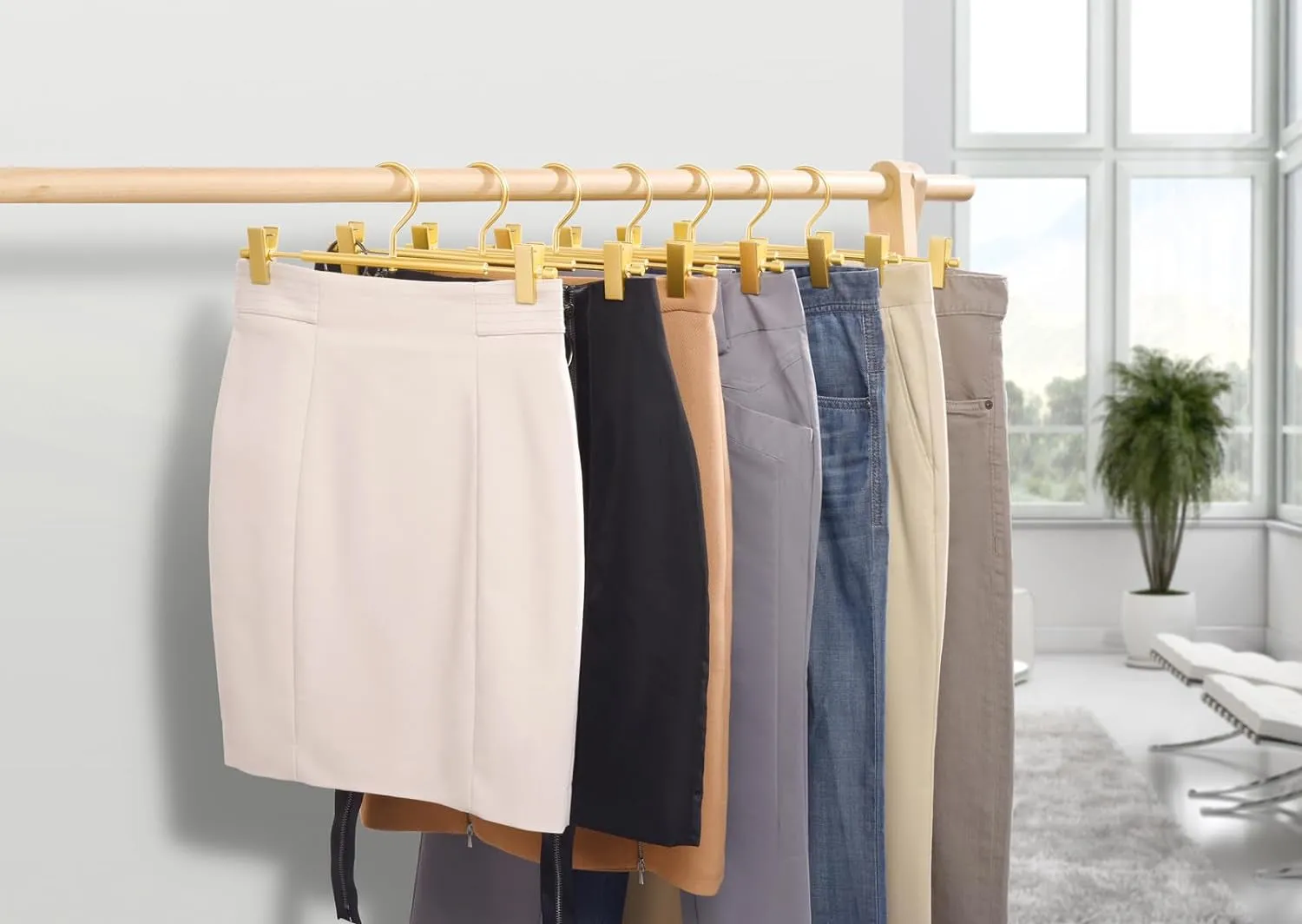 Amber Home 10 Pack Premium Matte Gold Aluminum Pants Hangers, 12.2” Extra Smooth & Durable Metal Skirt Slack Hanger, Light & Sturdy Metal Rack for Trouser with 2-Adjustable Non Slip Clips Swivel Hook