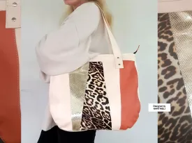 Animal Print Leather Tote Bag Large Beige Italian Leather Shoulder Bag