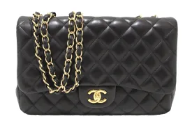 Authentic Chanel Black Quilted Lambskin Leather Jumbo Single Flap Bag