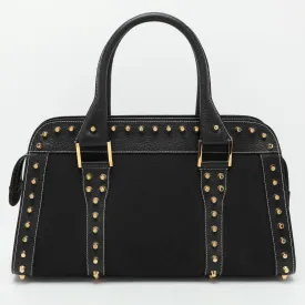 Black Canvas and Leather Selleria Embellished Satchel