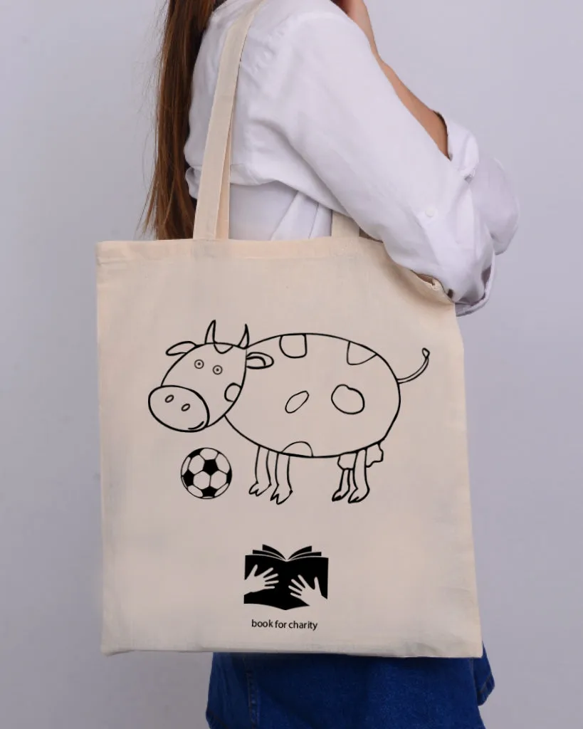 Black Color Baby Cow Tote Bag (Basic Level) - Coloring-Painting Bags for Kids