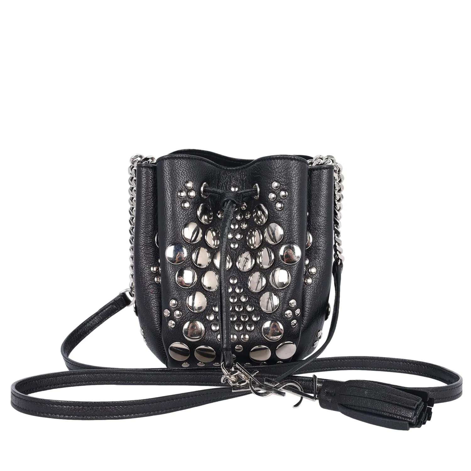 Black Leather Small Bucket Bag with Silver Studs