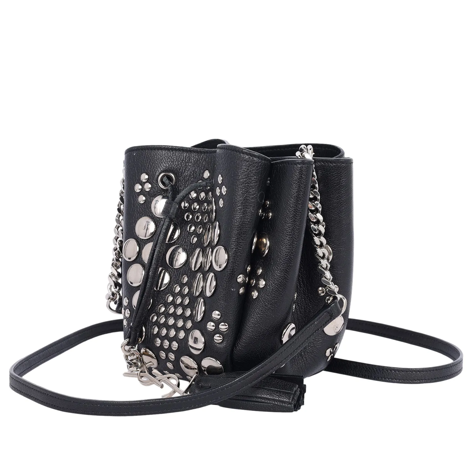 Black Leather Small Bucket Bag with Silver Studs