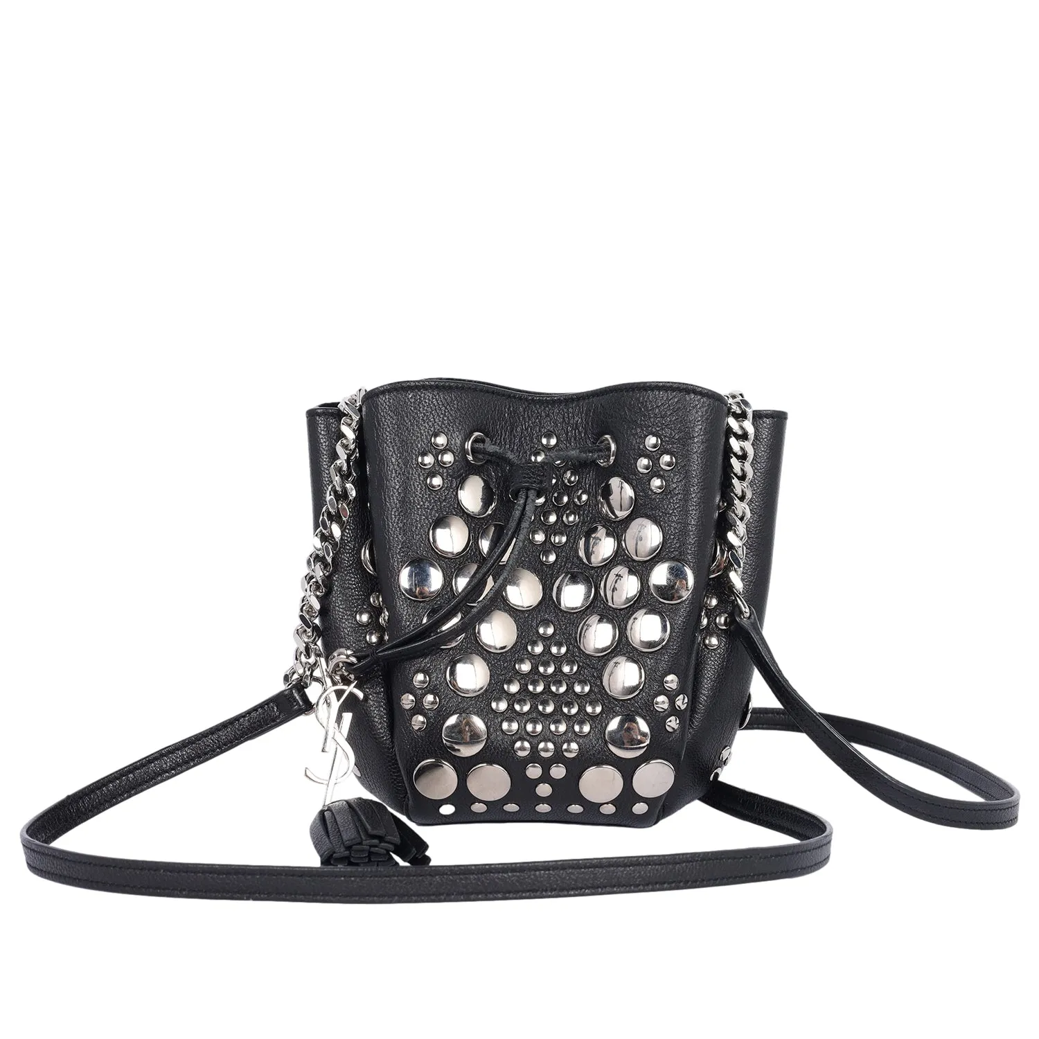 Black Leather Small Bucket Bag with Silver Studs