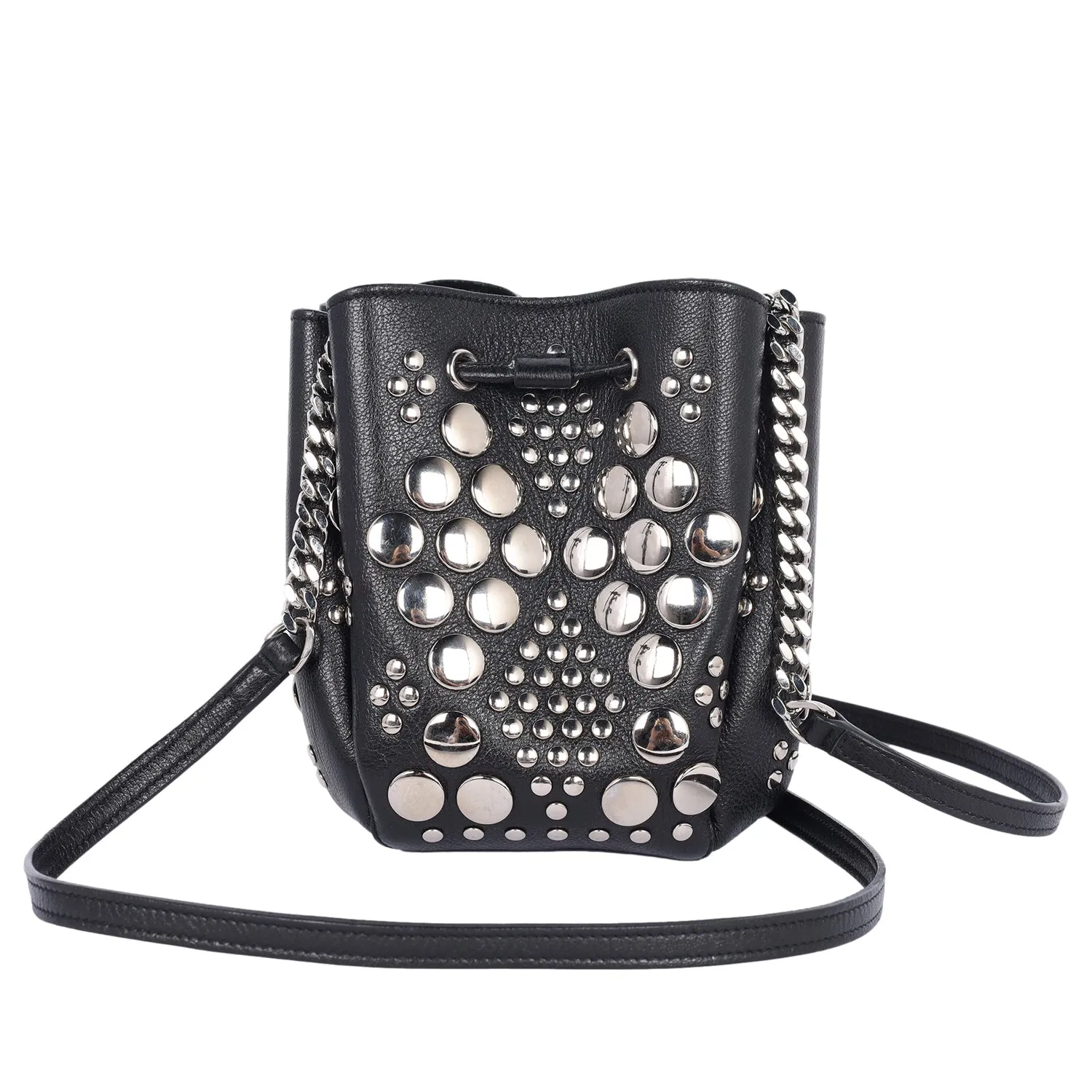 Black Leather Small Bucket Bag with Silver Studs