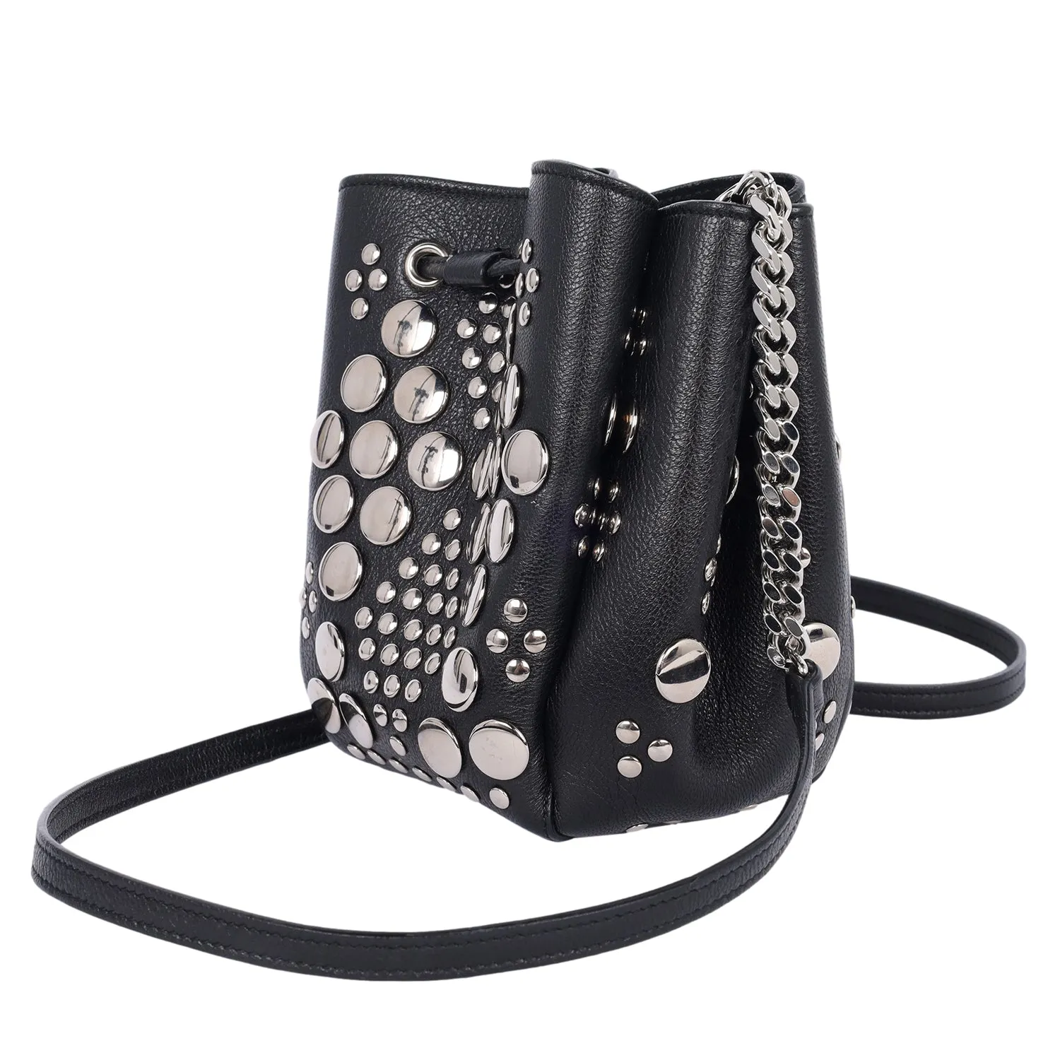 Black Leather Small Bucket Bag with Silver Studs