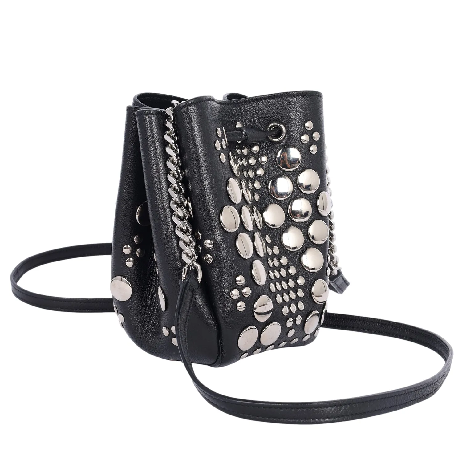 Black Leather Small Bucket Bag with Silver Studs