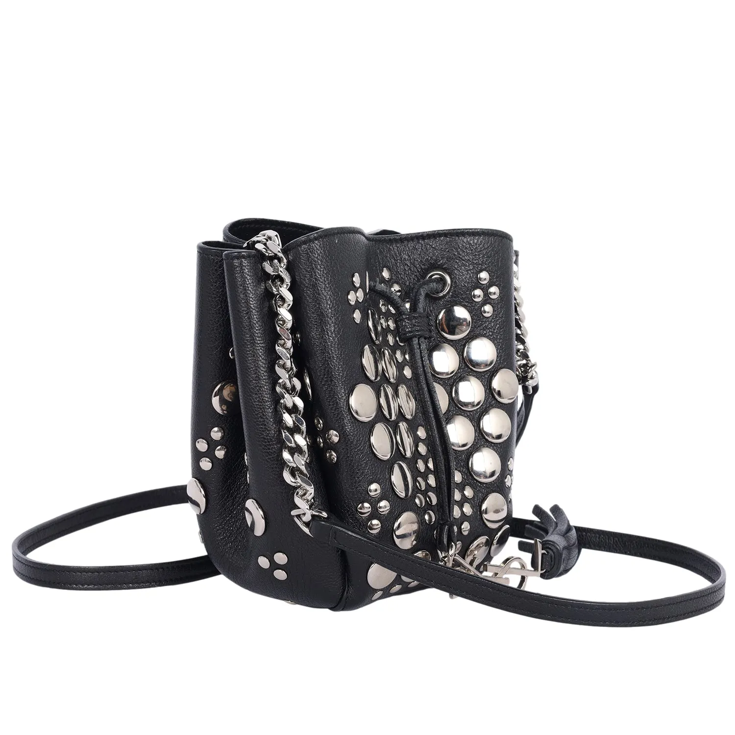 Black Leather Small Bucket Bag with Silver Studs