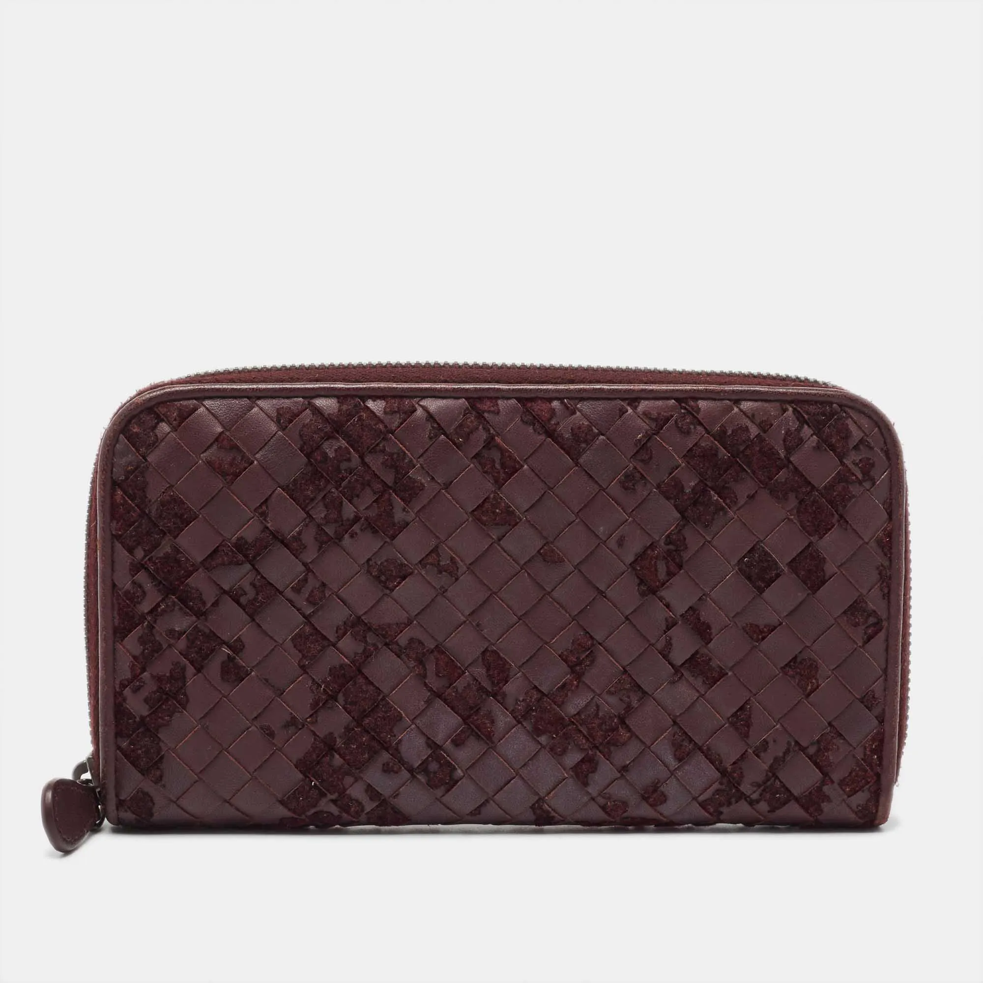 Burgundy Intrecciato Leather and Velvet Zip Around Wallet