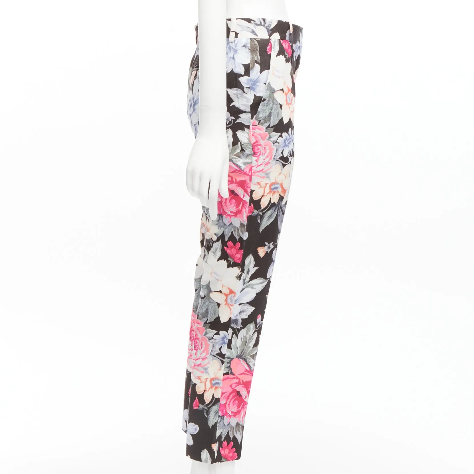 CELINE Phoebe Philo black floral print cotton twill tapered pants FR34 XS