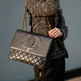 Chanel★ 1991-1994 Black Quilted Lambskin CC Flap Maxi 60850