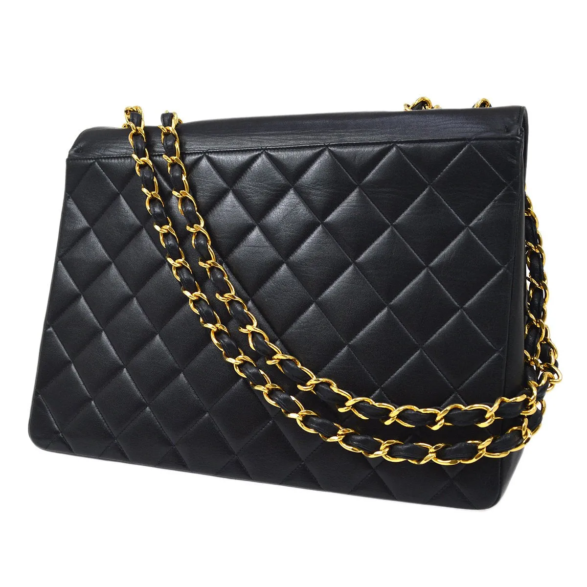 Chanel★ 1991-1994 Black Quilted Lambskin CC Flap Maxi 60850