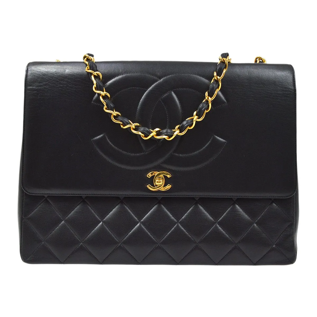 Chanel★ 1991-1994 Black Quilted Lambskin CC Flap Maxi 60850