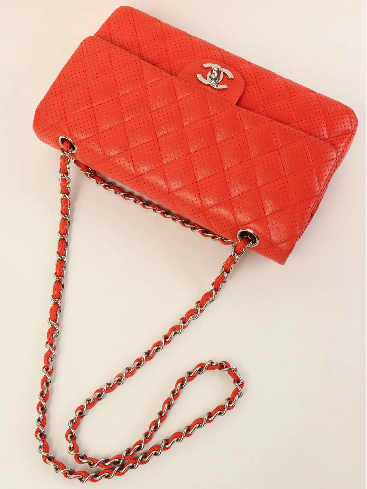 CHANEL Around 2007 Made Punching Leather Turn-Lock Chain Shoulder Bag Red