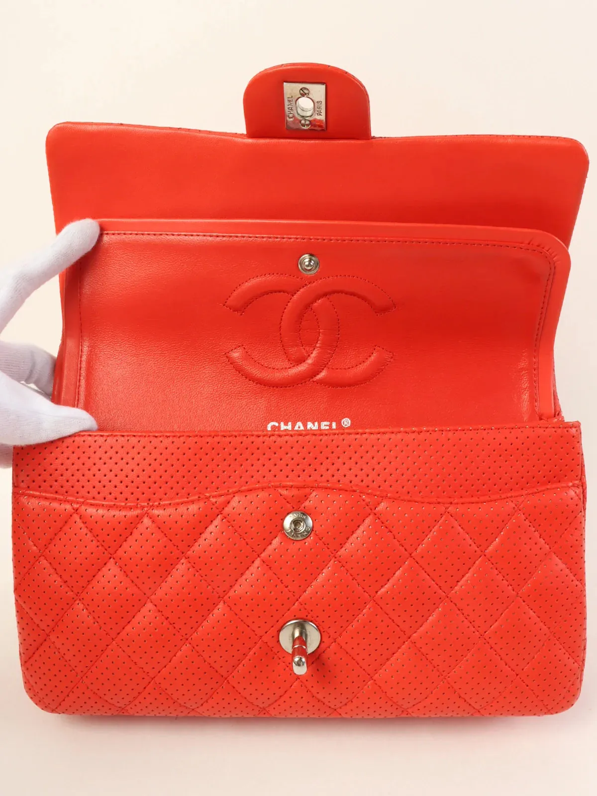 CHANEL Around 2007 Made Punching Leather Turn-Lock Chain Shoulder Bag Red