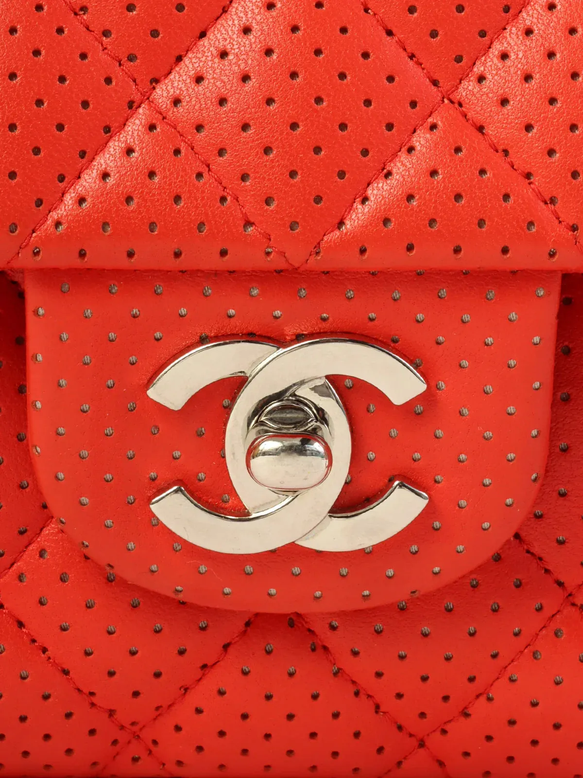 CHANEL Around 2007 Made Punching Leather Turn-Lock Chain Shoulder Bag Red