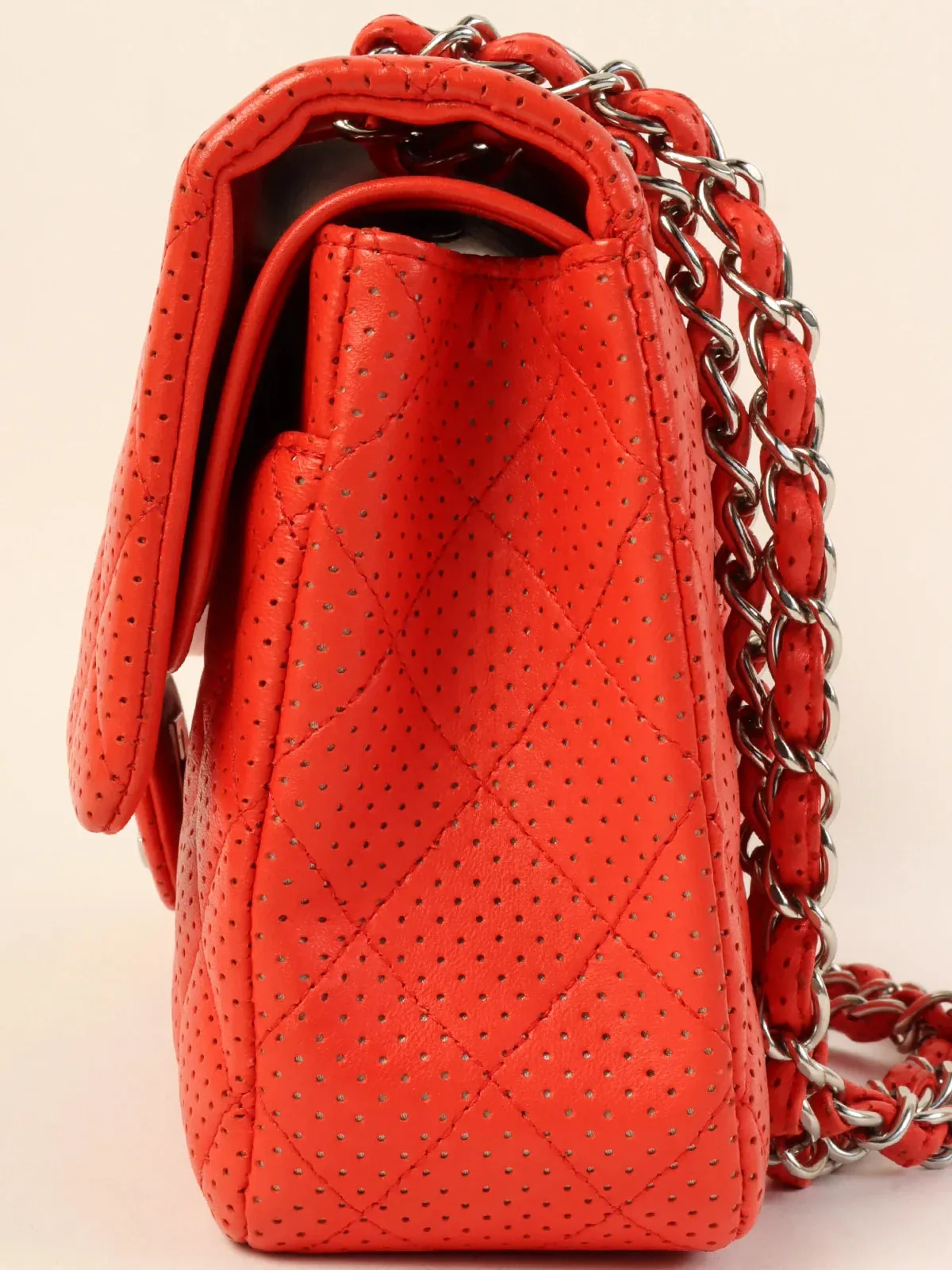 CHANEL Around 2007 Made Punching Leather Turn-Lock Chain Shoulder Bag Red