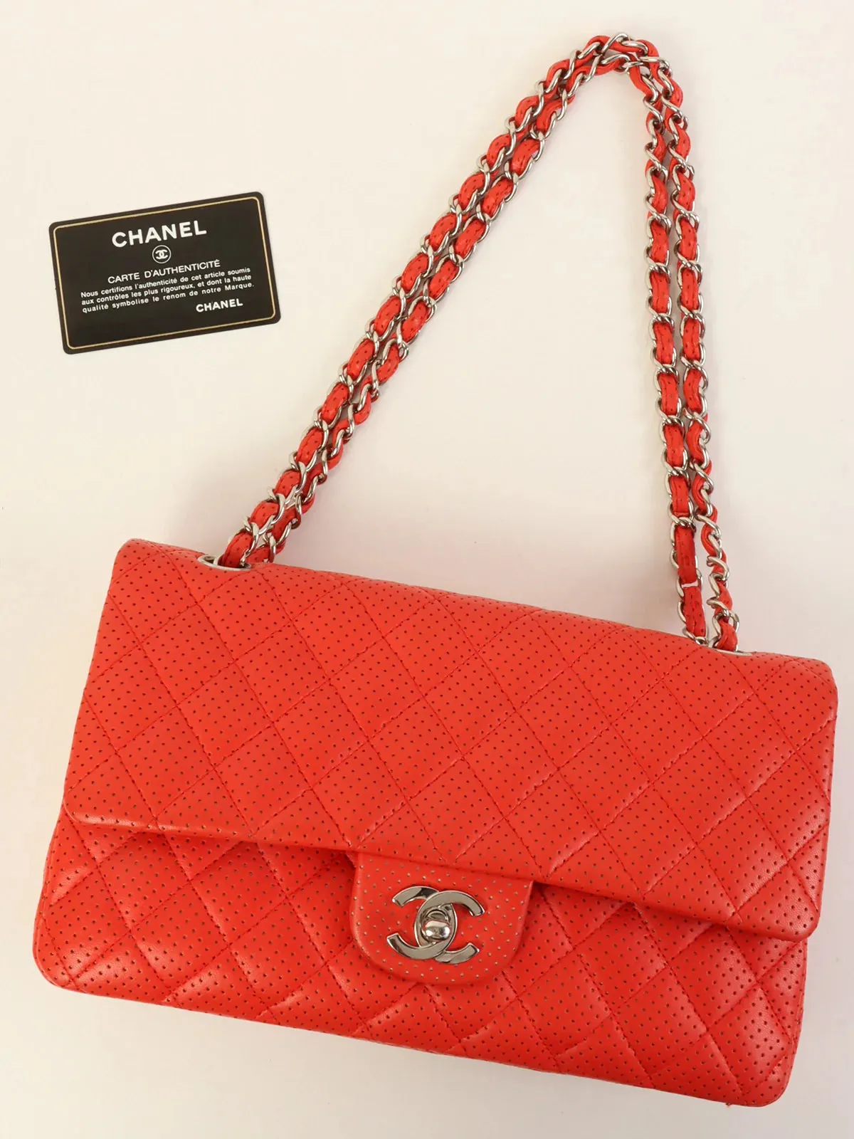 CHANEL Around 2007 Made Punching Leather Turn-Lock Chain Shoulder Bag Red