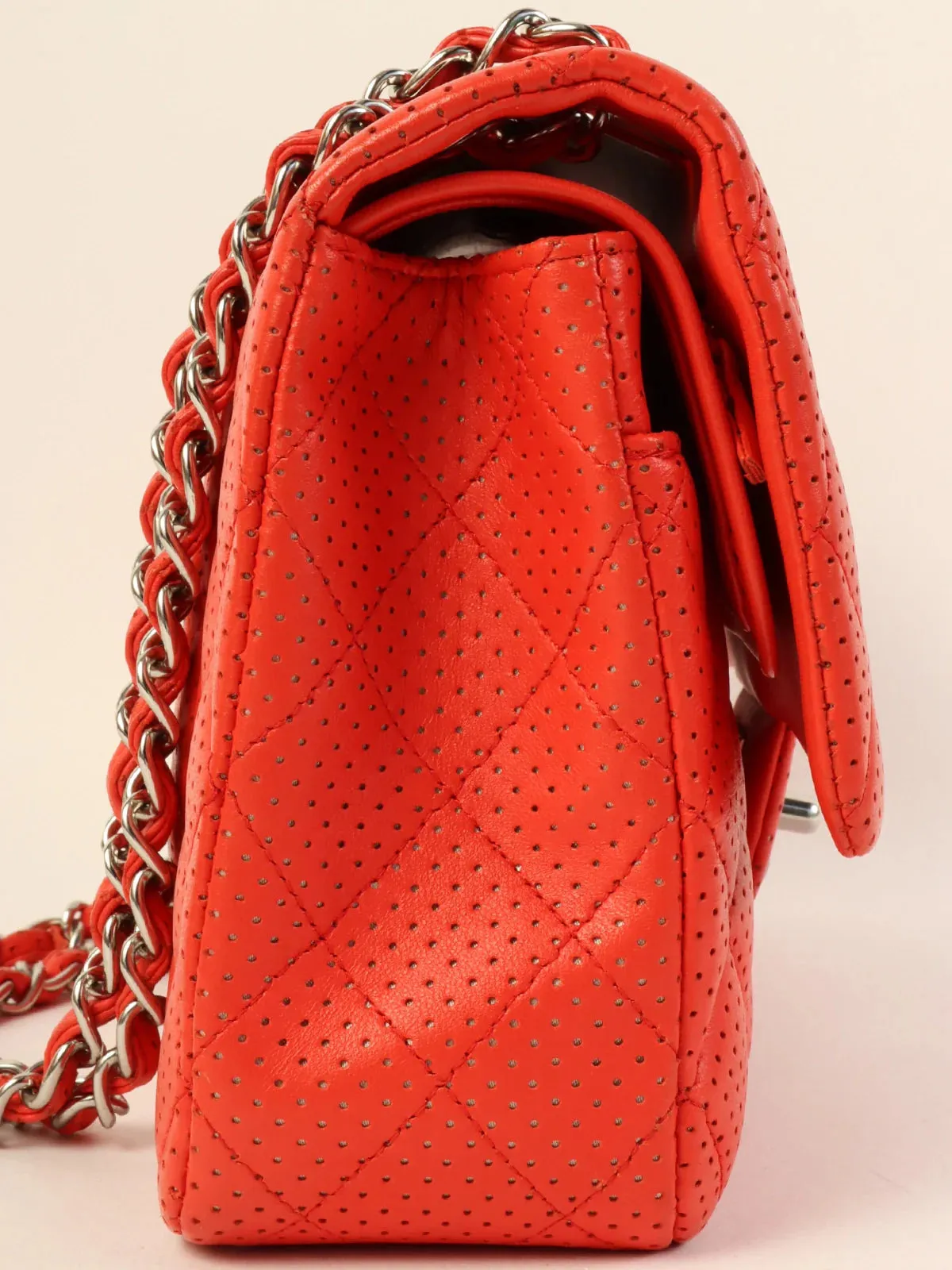 CHANEL Around 2007 Made Punching Leather Turn-Lock Chain Shoulder Bag Red