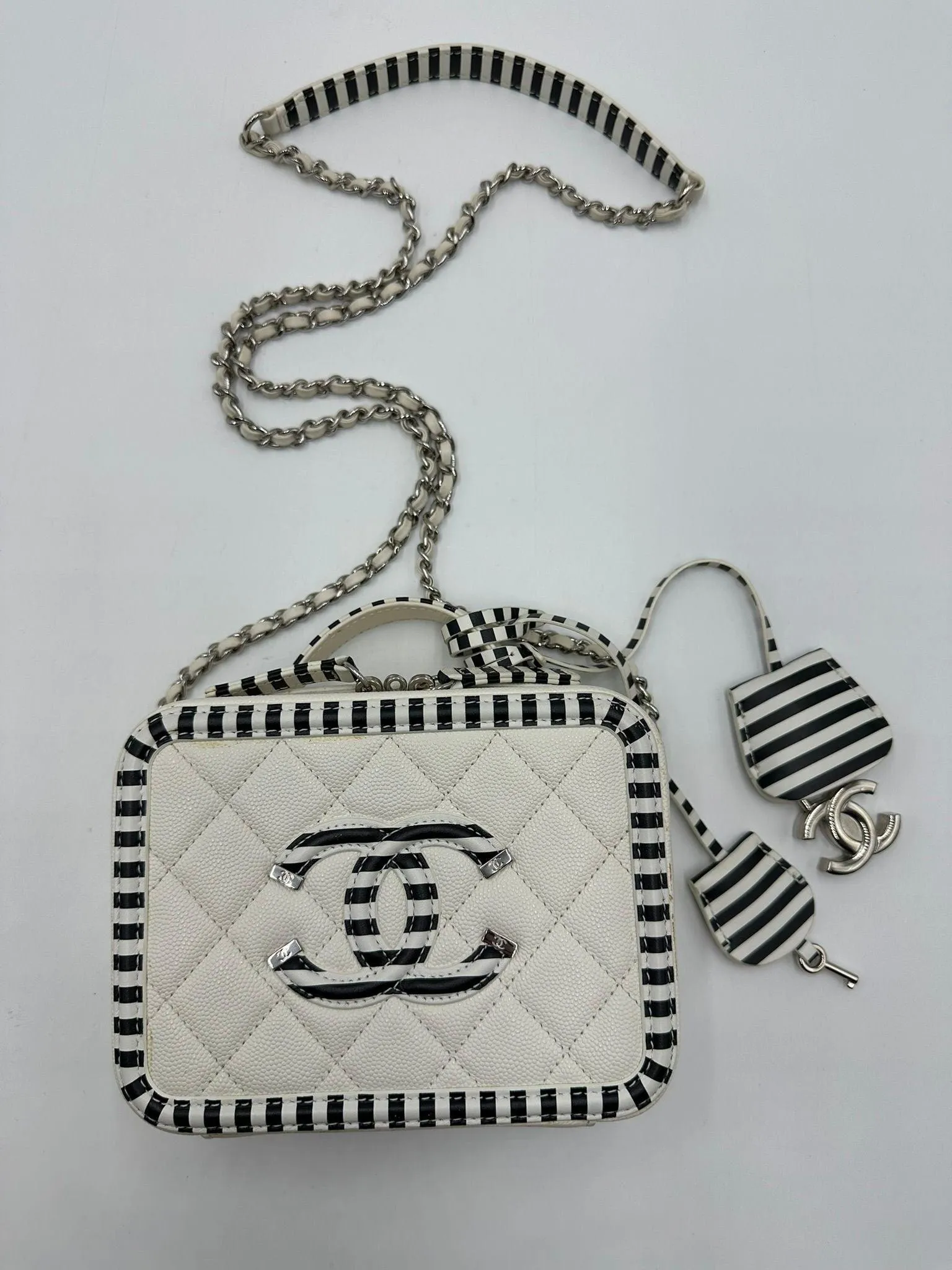 Chanel Filigree Small Vanity Case in White Caviar, Black and White Trims