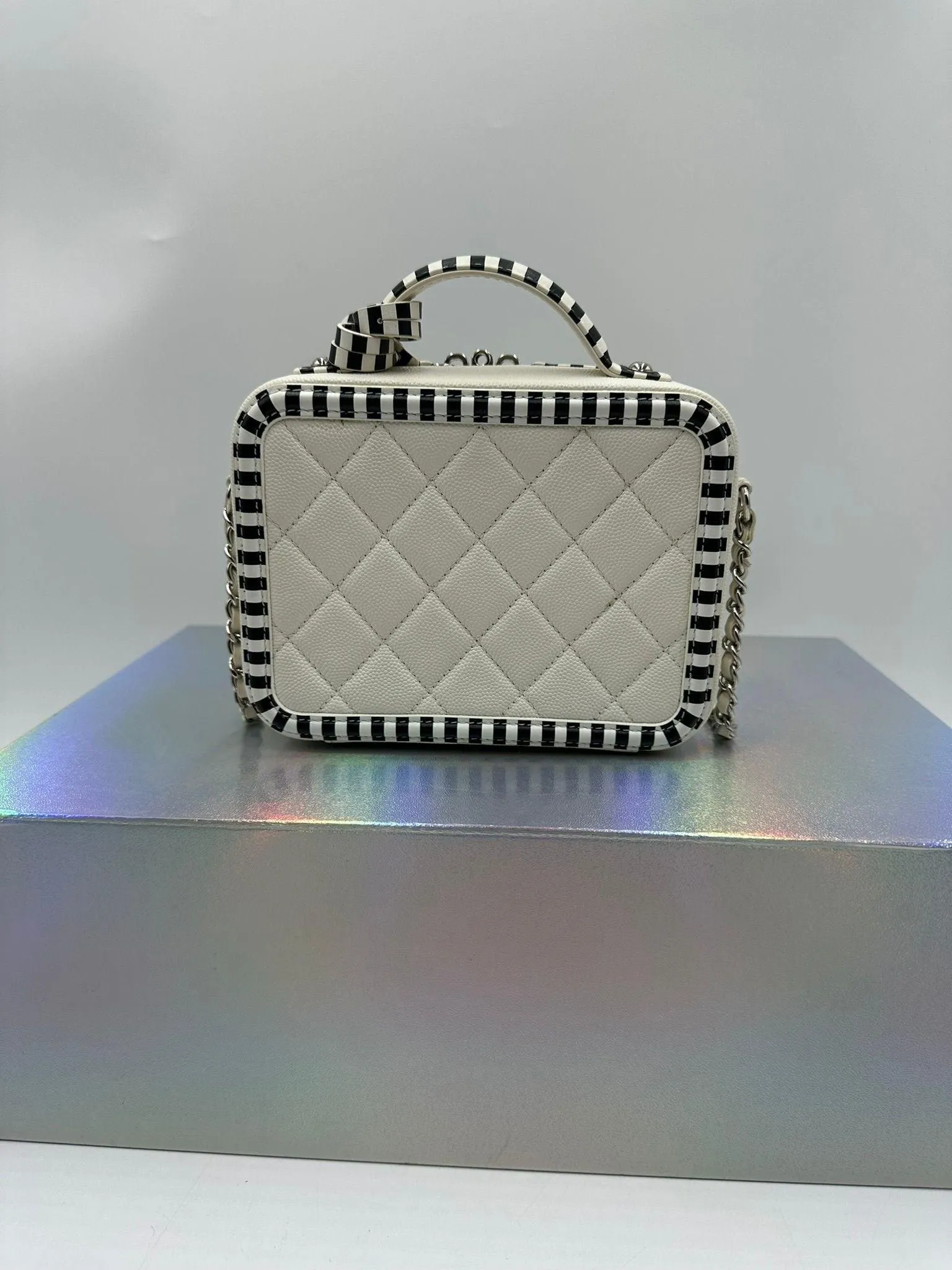 Chanel Filigree Small Vanity Case in White Caviar, Black and White Trims