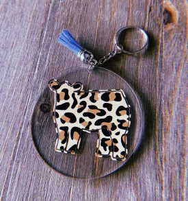 Cheetah Print Cow Clear Circle Keychain