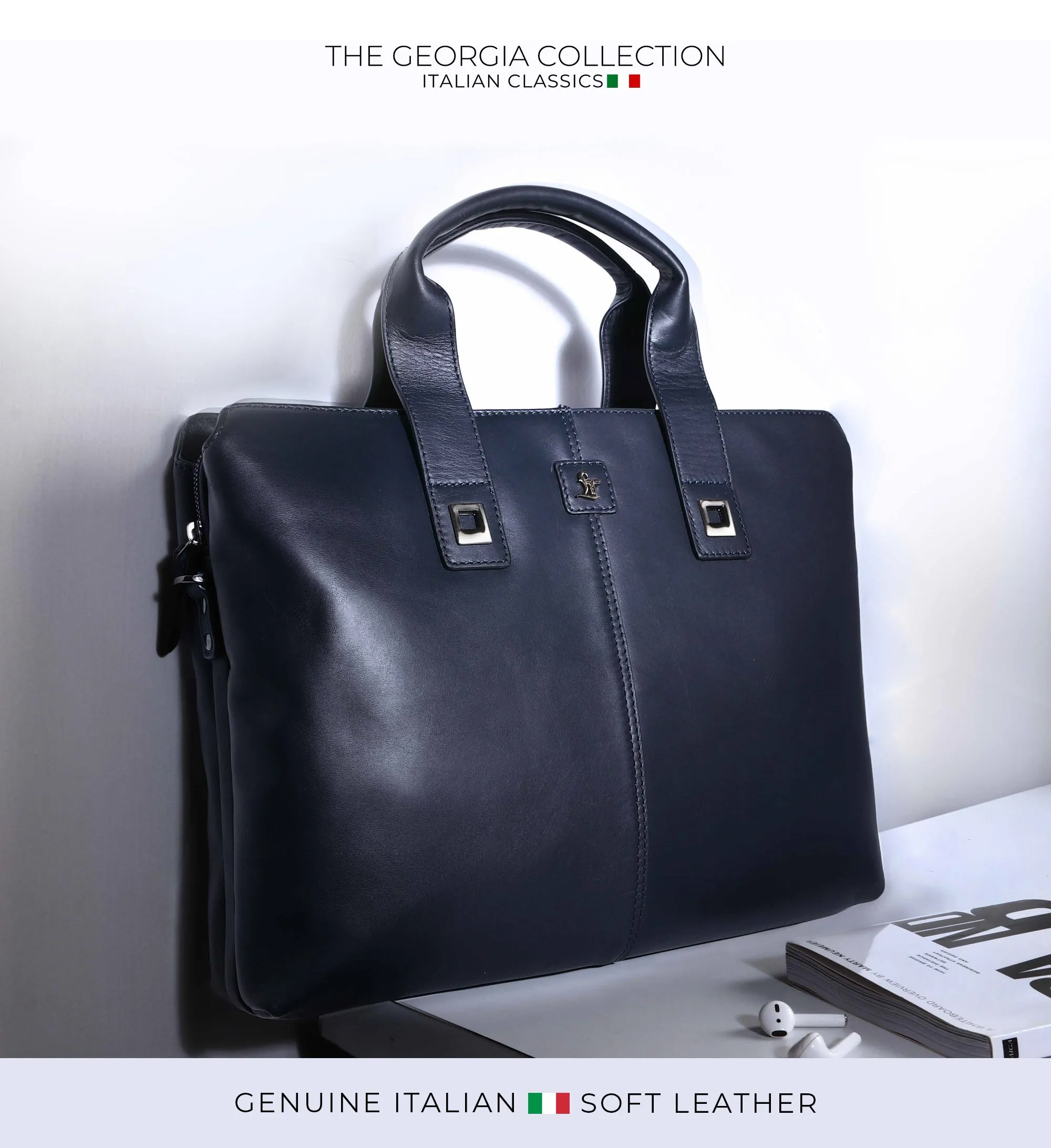 Corporate New Year Gift | Georgia Collection | Genuine Leather Laptop / Folio Bag For Men |  Navy Blue