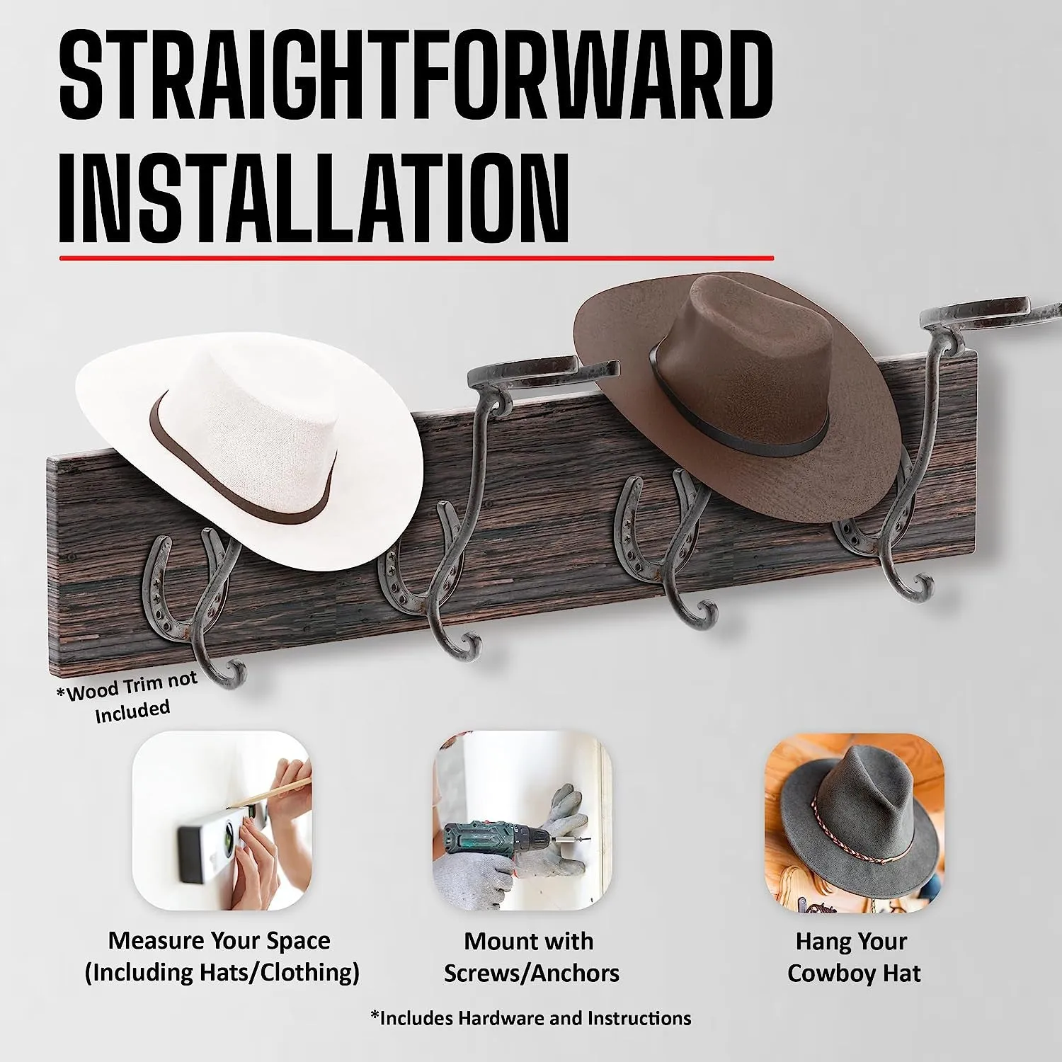 Cowboy Hat Rack - Set of 2 Decorative Wall-Mounted Holder - Heavy-Duty Iron Hanger and Organizer DIY Kit for Hats, Coats and Keys - Rustic Western Horseshoe Hooks for Storage and Display