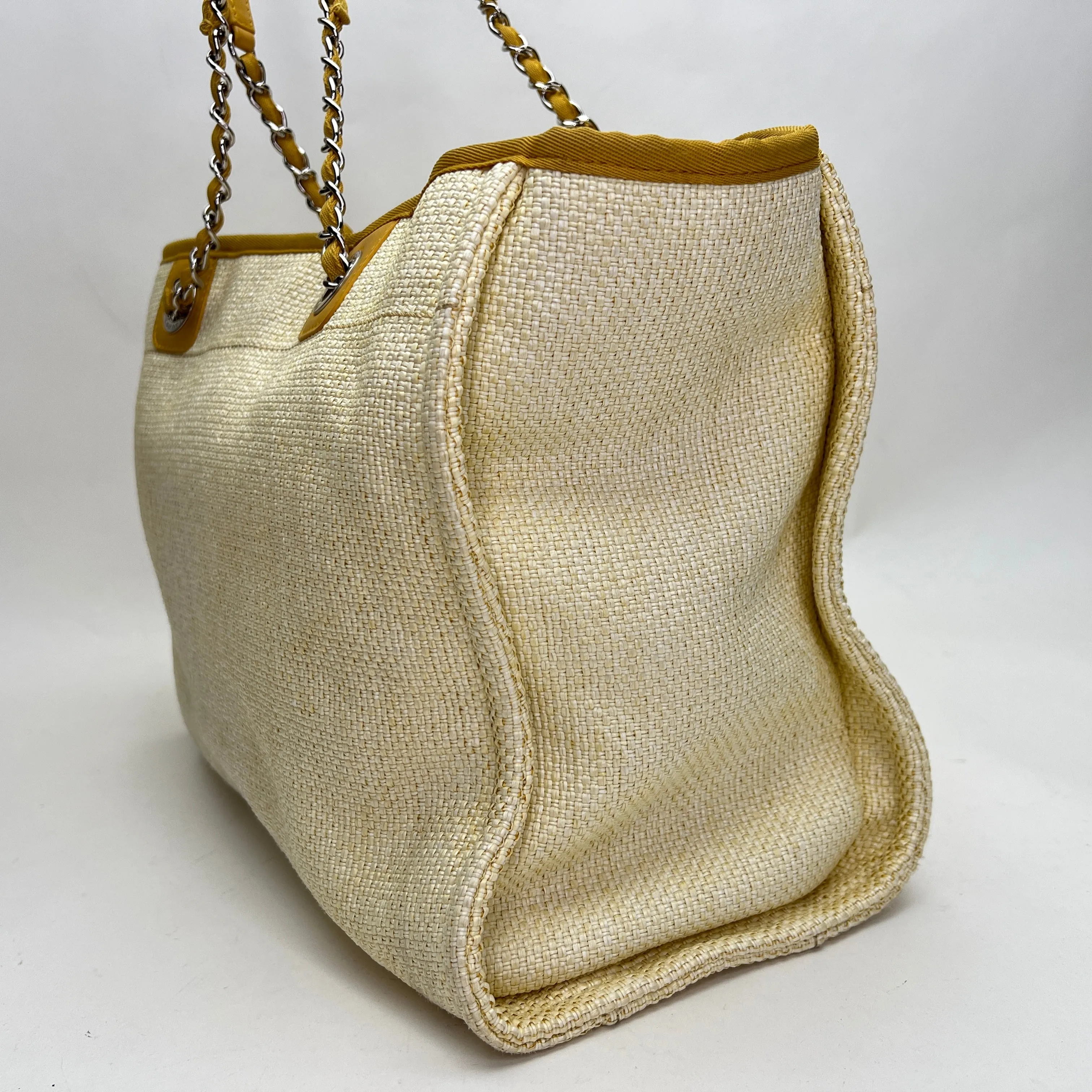 Deauville Small Yellow Tote Bag in Raffia, Silver hardware