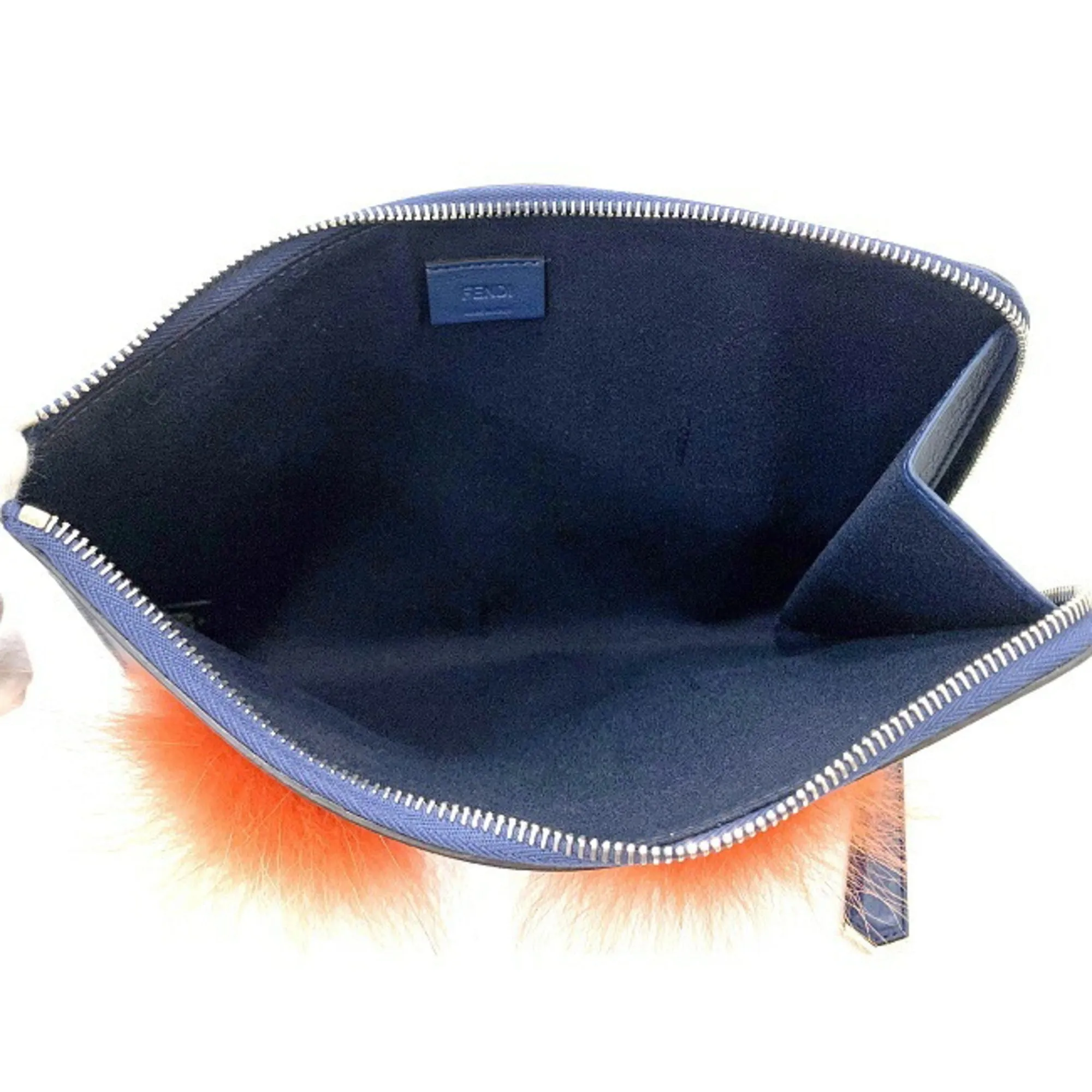 Fendi Clutch Bag Navy Mon 8M0363-41D Leather FENDI Fur Men's Women's Blue