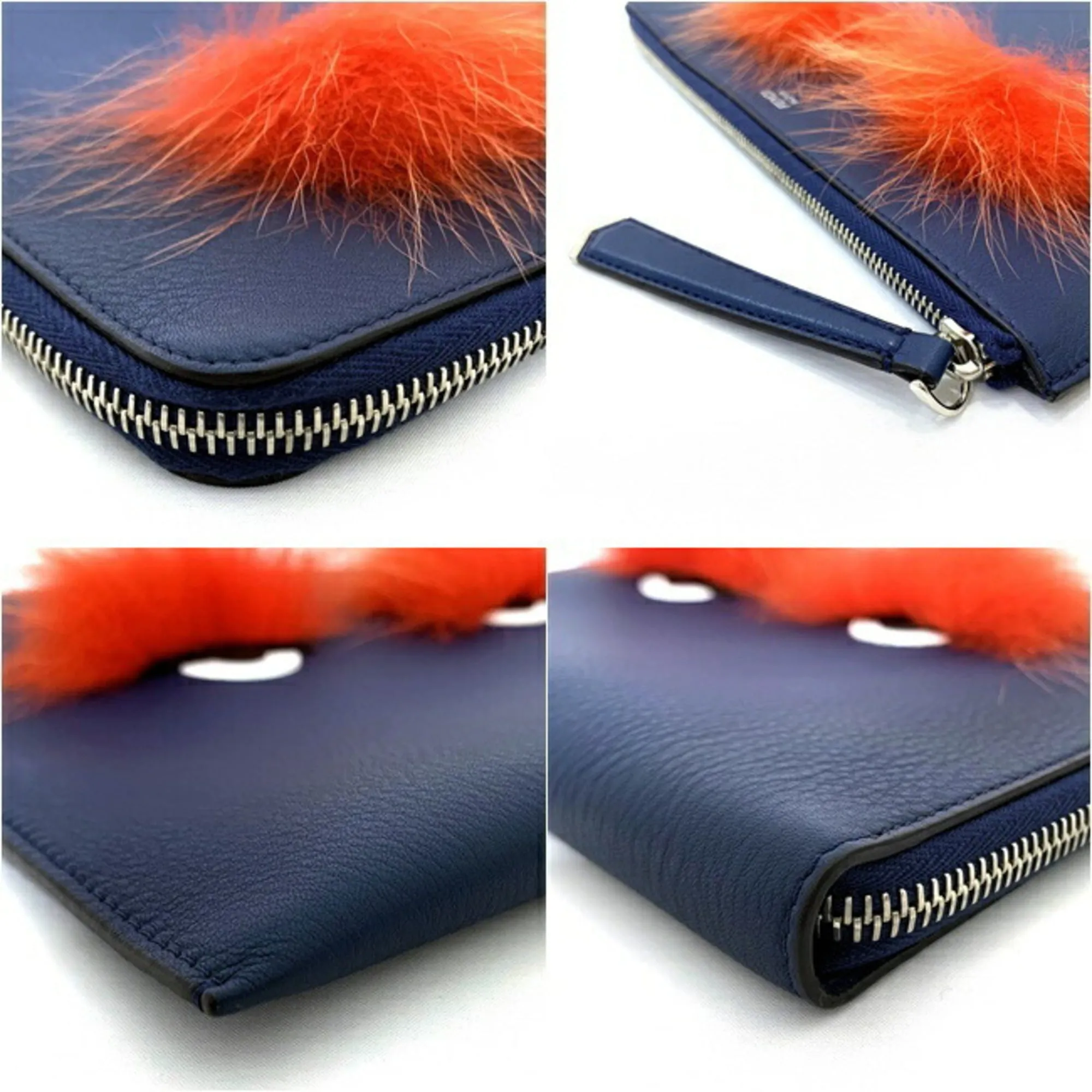 Fendi Clutch Bag Navy Mon 8M0363-41D Leather FENDI Fur Men's Women's Blue