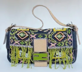 Fendi Denim Snakeskin Beaded Baguette Multicolor