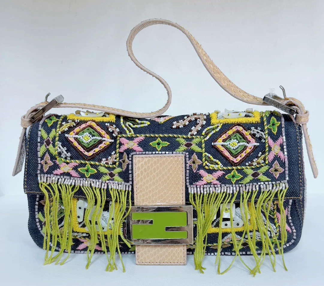 Fendi Denim Snakeskin Beaded Baguette Multicolor