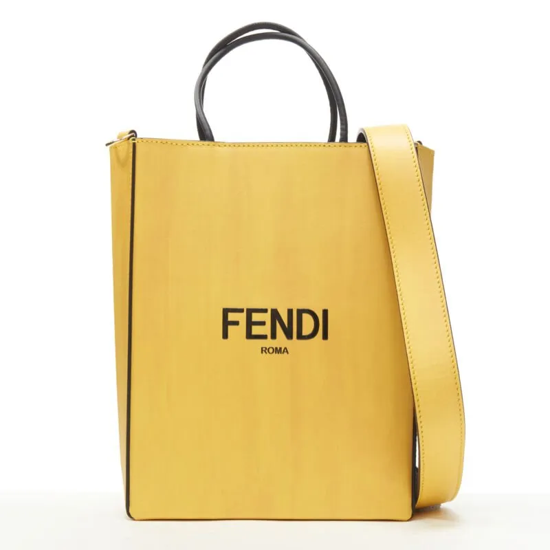 FENDI Pack Small Shopping yellow leather logo print crossbody tote bag