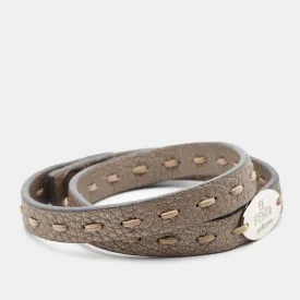 FENDI Selleria Leather Silver Tone Double Wrap Bracelet