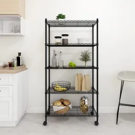 Garage Storage Shelf with Wheels - 5-Tier Black Iron