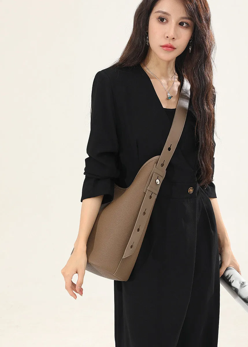 Genuine Cowhide Leather Adjustable Strap Bucket Bag