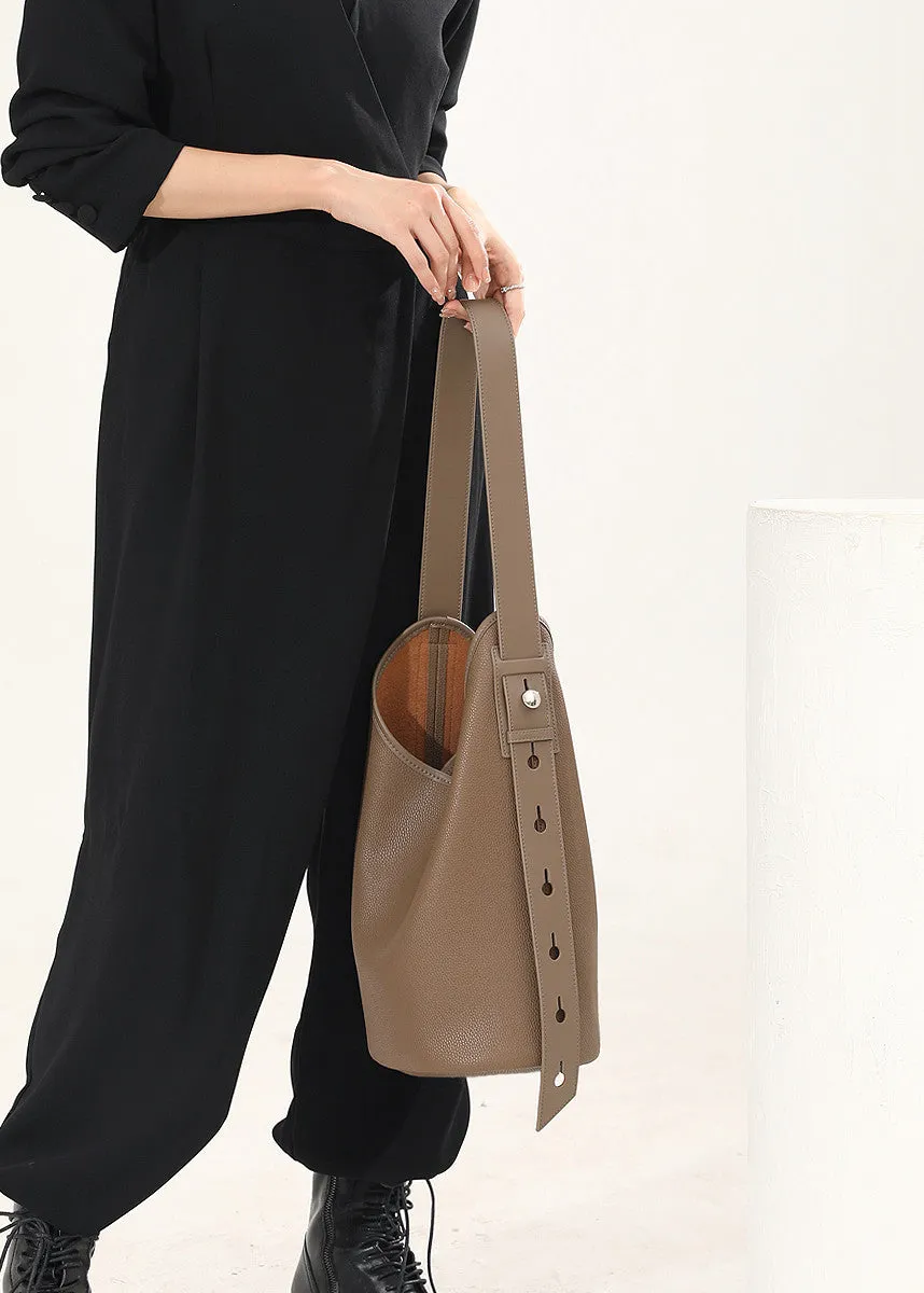 Genuine Cowhide Leather Adjustable Strap Bucket Bag