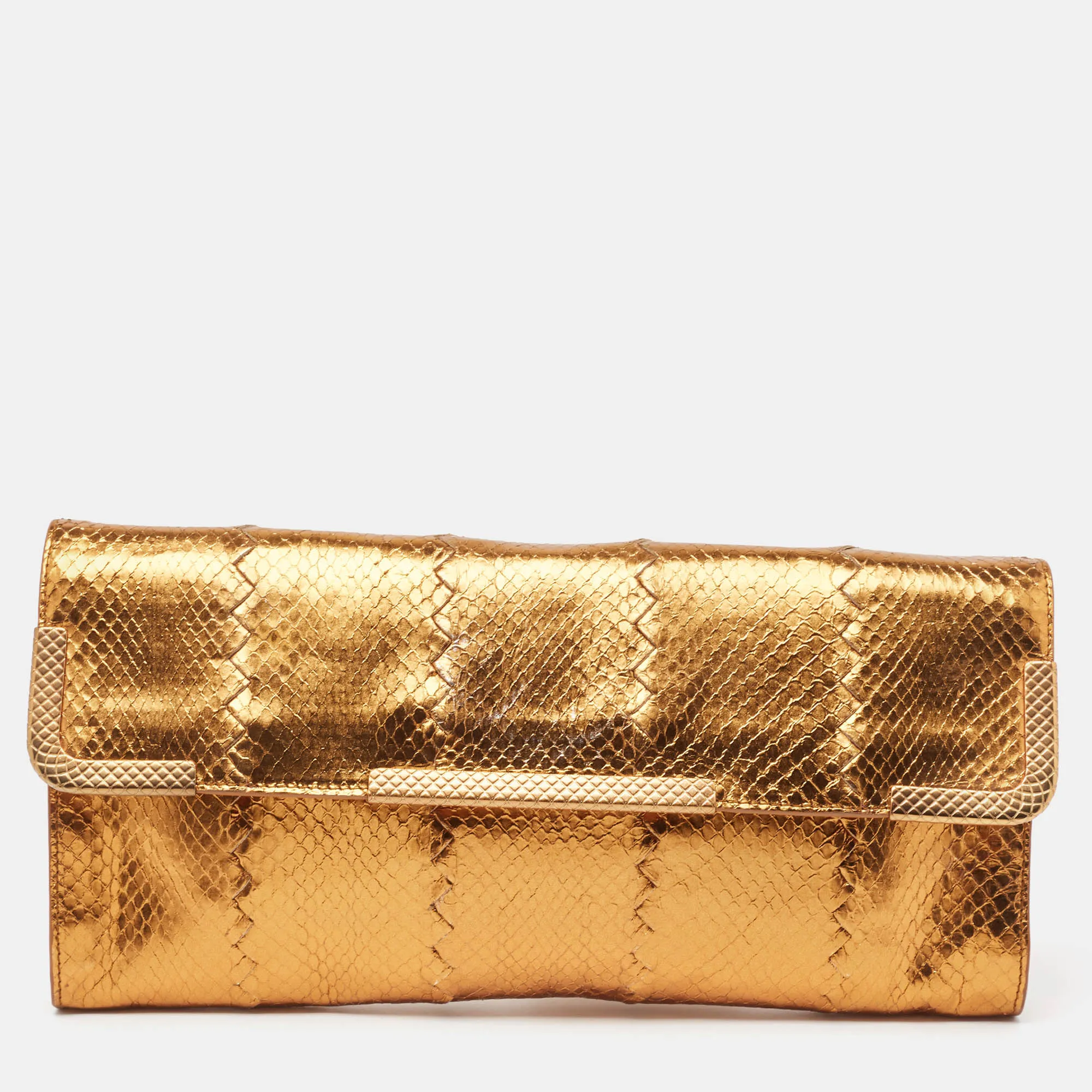 Gold Intrecciato Leather Frame Wristlet Clutch