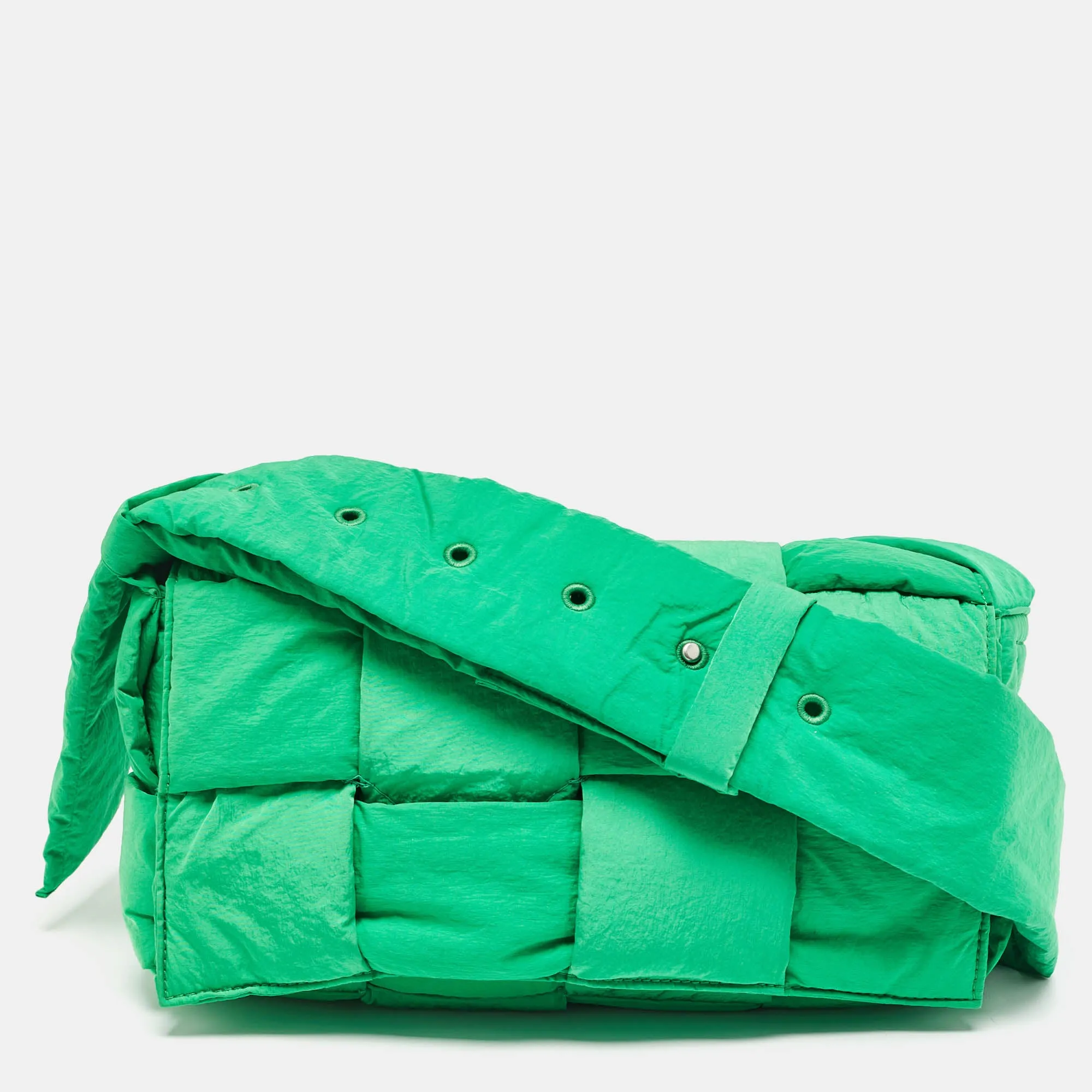 Green Intrecciato Fabric Padded Cassette Shoulder Bag