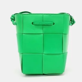 Green Woven Leather Cassette Bucket Bag