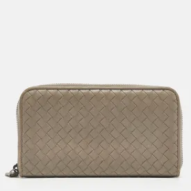 Grey Intrecciato Leather Zip Around Wallet