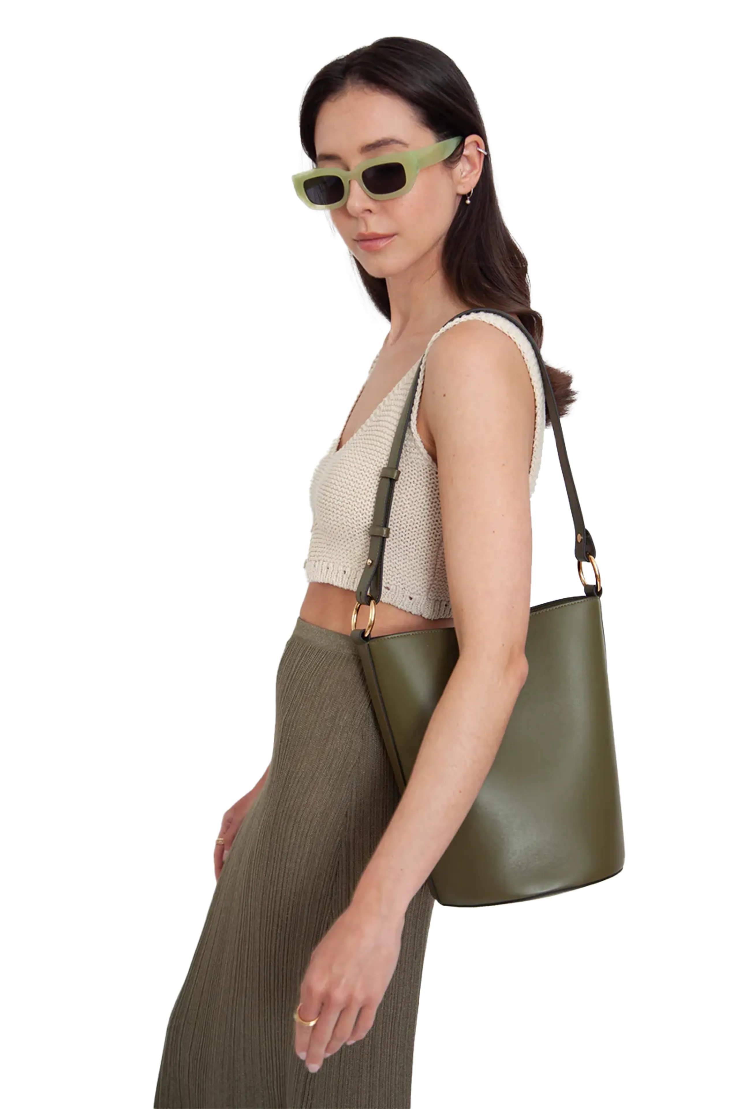 HYER GOODS: LUXE CONVERTIBLE BUCKET BAG LEATHER HANDBAG WITH REMOVABLE SHOULDER   CROSSBODY STRAPS