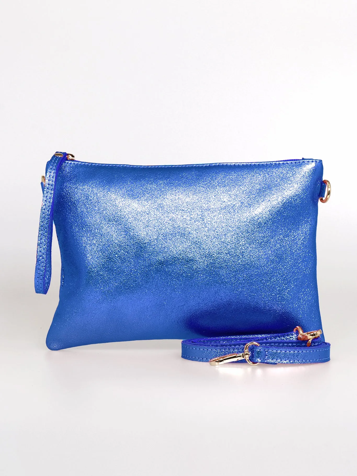 Jenna - Italian Leather Clutch Bag - Royal Blue, Metallic