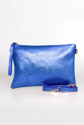 Jenna - Italian Leather Clutch Bag - Royal Blue, Metallic