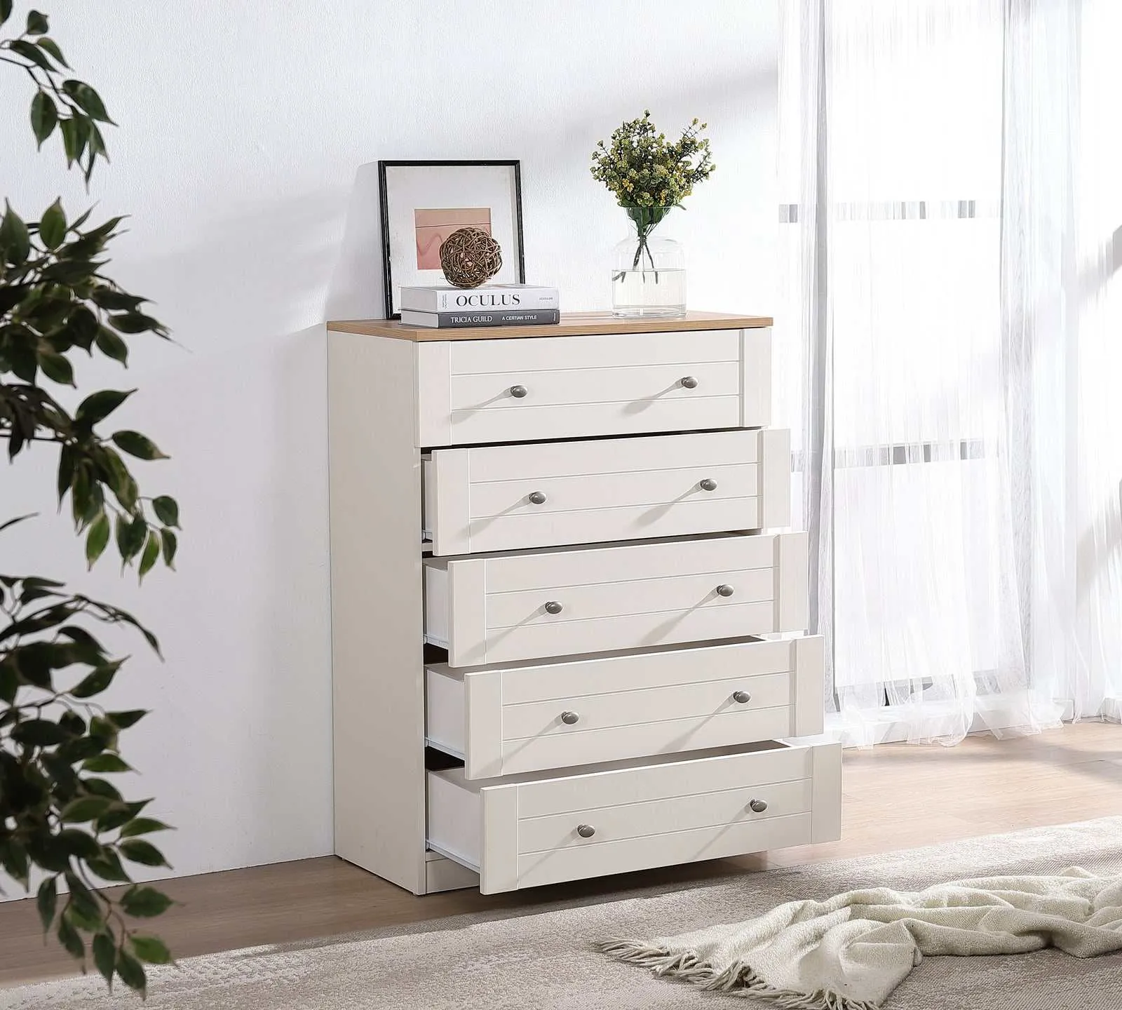 MerryLuk Harriet Chest of 5 Drawers Dresser with 2 Drawer Bedside Table